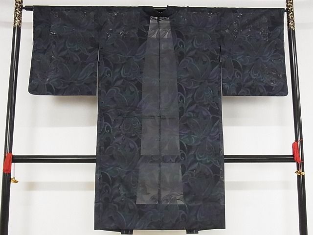 平和屋本店■極上　長羽織　スリーシーズン　春夏秋　塵除け　草花紋紗　黒地　正絹　逸品　未使用　KAAA1425kk4 - 平和屋