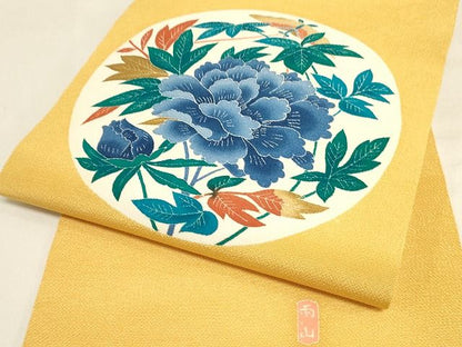平和屋本店■極上　本加賀友禅作家　木村雨山　九寸名古屋帯　牡丹舞蝶文　鬼しぼ縮緬　正絹　逸品　未使用　KAAA1559kk4 - 平和屋