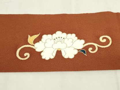 平和屋本店■極上　銀座　志ま亀　九寸名古屋帯　桐牡丹唐草　金彩　鬼しぼ縮緬　柿茶色　正絹　逸品　未使用　KAAA1578kk4 - 平和屋