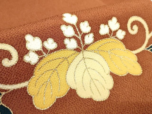 平和屋本店■極上　銀座　志ま亀　九寸名古屋帯　桐牡丹唐草　金彩　鬼しぼ縮緬　柿茶色　正絹　逸品　未使用　KAAA1578kk4 - 平和屋