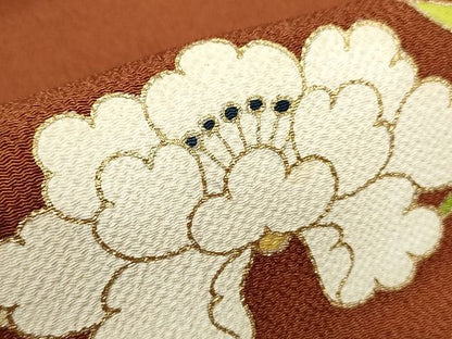 平和屋本店■極上　銀座　志ま亀　九寸名古屋帯　桐牡丹唐草　金彩　鬼しぼ縮緬　柿茶色　正絹　逸品　未使用　KAAA1578kk4 - 平和屋