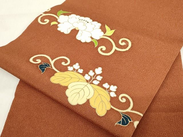 平和屋本店■極上　銀座　志ま亀　九寸名古屋帯　桐牡丹唐草　金彩　鬼しぼ縮緬　柿茶色　正絹　逸品　未使用　KAAA1578kk4 - 平和屋