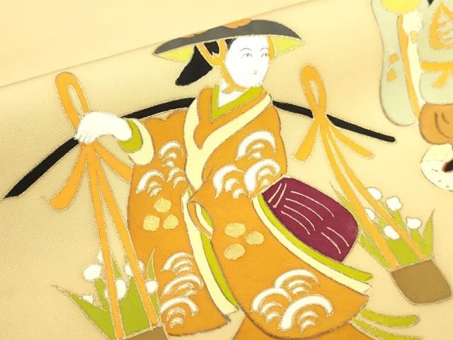平和屋本店■極上　銀座　志ま亀　九寸名古屋帯　大津絵　花売娘　金彩　たとう紙付き　正絹　逸品　未使用　KAAA1733kk4 - 平和屋