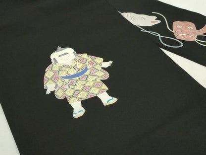 平和屋本店■極上　加賀友禅の巨匠　初代　由水十久　塩瀬　九寸名古屋帯　童子　黒地　正絹　逸品　未使用　KAAA1734kk4 - 平和屋