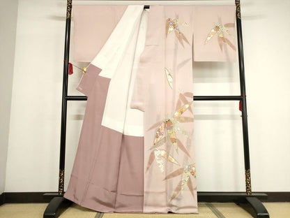 平和屋本店●極上 創業460年・千總 訪問着 駒刺繍 笹取吉祥花文 金彩 三越扱い 反端付き 洗柿色地 正絹 逸品 未使用CZAA3566s5