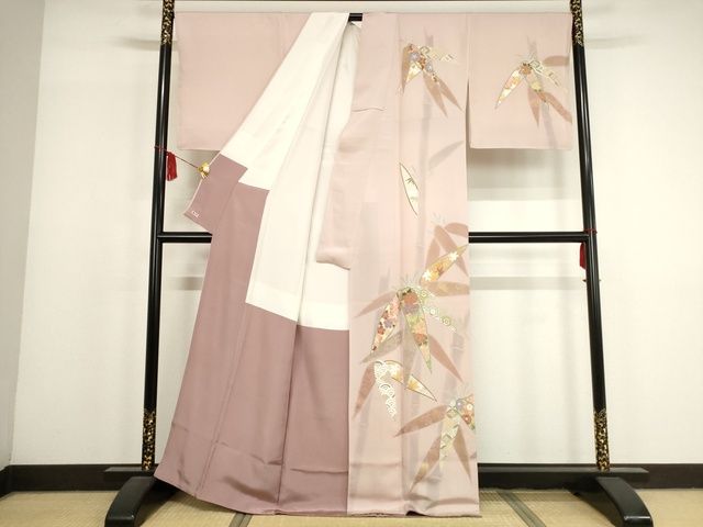 平和屋本店●極上 創業460年・千總 訪問着 駒刺繍 笹取吉祥花文 金彩 三越扱い 反端付き 洗柿色地 正絹 逸品 未使用CZAA3566s5