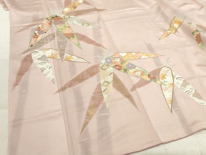 平和屋本店●極上 創業460年・千總 訪問着 駒刺繍 笹取吉祥花文 金彩 三越扱い 反端付き 洗柿色地 正絹 逸品 未使用CZAA3566s5