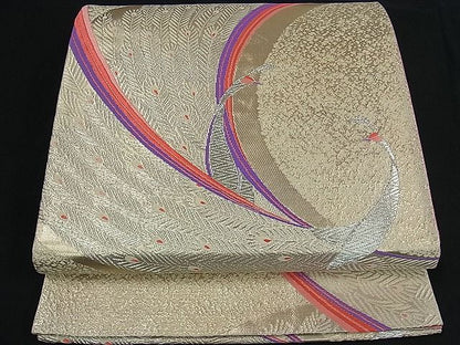 平和屋着物■六通柄袋帯 唐織 孔雀 銀糸 逸品 kb1361