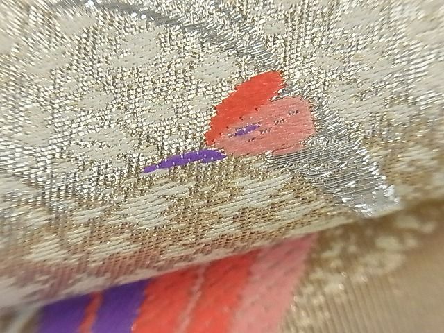 5k1526 袋帯　絹　唐織　孔雀　ピンク　銀色　白　柄物　和装　着物 平和屋着物□六通柄袋帯 唐織 孔雀 銀糸 逸品 kb1361