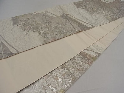 平和屋着物■六通柄袋帯 雲取り草花文 銀糸 逸品 kb1863