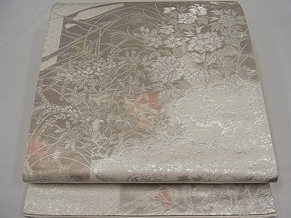 平和屋着物■六通柄袋帯 雲取り草花文 銀糸 逸品 kb1863