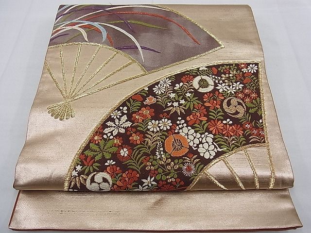 平和屋着物■六通太鼓柄袋帯 唐織 扇面吉祥花文 金糸 逸品 n-kg2485