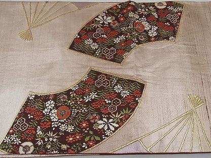 平和屋着物■六通太鼓柄袋帯 唐織 扇面吉祥花文 金糸 逸品 n-kg2485