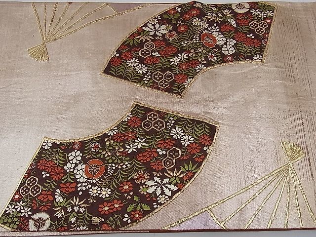 平和屋着物■六通太鼓柄袋帯 唐織 扇面吉祥花文 金糸 逸品 n-kg2485