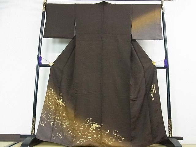 平和屋本店■極上 金彩友禅 卓越技能者・名工・和田光正 訪問着 鳳凰唐草文 黒紅色地 暈し染め 金彩 逸品 3kh1093