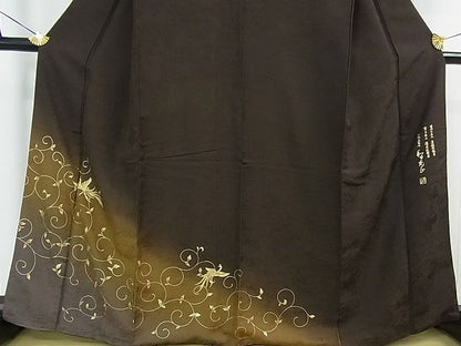 平和屋本店■極上 金彩友禅 卓越技能者・名工・和田光正 訪問着 鳳凰唐草文 黒紅色地 暈し染め 金彩 逸品 3kh1093