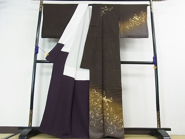 平和屋本店■極上 金彩友禅 卓越技能者・名工・和田光正 訪問着 鳳凰唐草文 黒紅色地 暈し染め 金彩 逸品 3kh1093