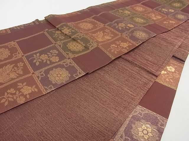 平和屋着物■六通柄袋帯 織成 格子花鳥文 金糸 逸品 ma2384