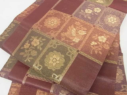 平和屋着物■六通柄袋帯 織成 格子花鳥文 金糸 逸品 ma2384
