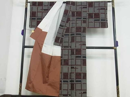 平和屋着物■上質な紬　変わり格子笹文　逸品　ma2455
