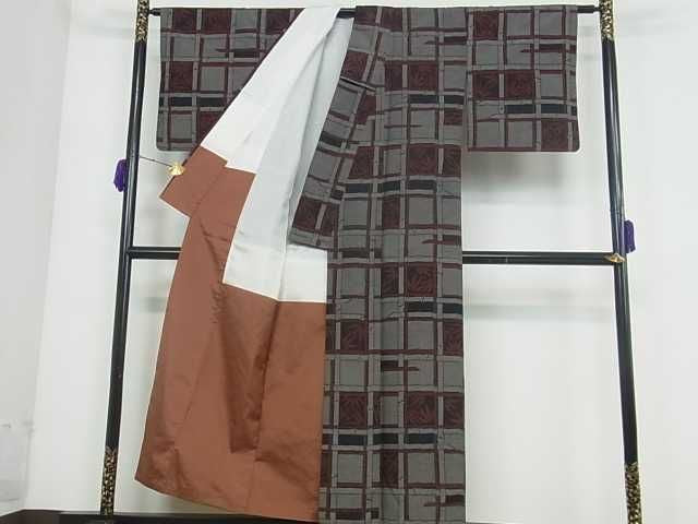 平和屋着物■上質な紬　変わり格子笹文　逸品　ma2455