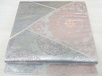 平和屋着物■六通柄袋帯　正倉院花文　切嵌文様　銀糸　逸品　ma2878
