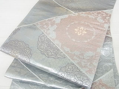平和屋着物■六通柄袋帯　正倉院花文　切嵌文様　銀糸　逸品　ma2878