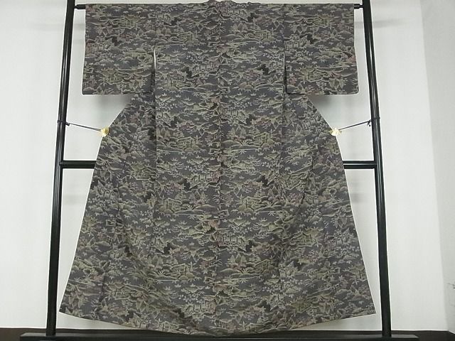 平和屋着物■上質な紬　風景草花文　逸品　mz0892