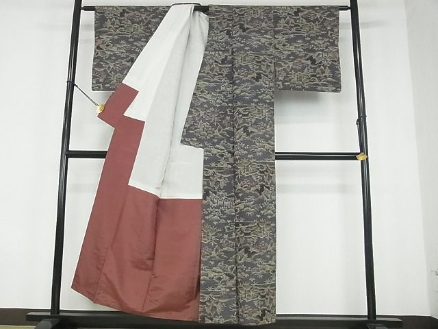 平和屋着物■上質な紬　風景草花文　逸品　mz0892