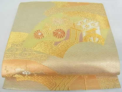 平和屋着物■六通柄袋帯 地紙重ね御所車花文 金銀糸 逸品 mz1448