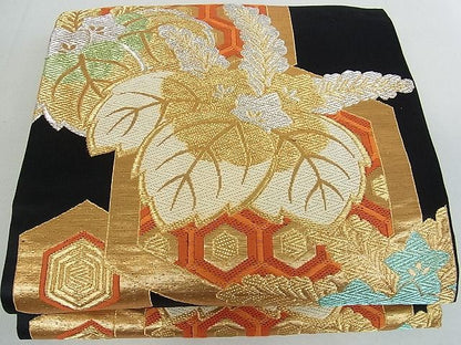 平和屋着物■六通柄袋帯 亀甲桐文 黒地 金銀糸 逸品 mz1472