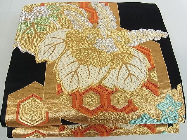 平和屋着物■六通柄袋帯 亀甲桐文 黒地 金銀糸 逸品 mz1472