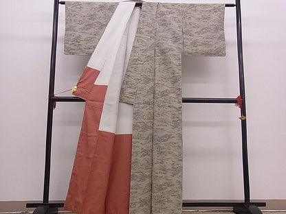 平和屋着物■上質な紬　流水草花文　逸品　n-mz1897