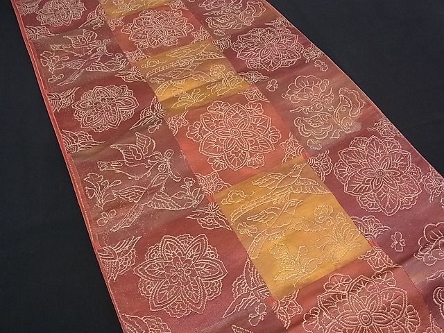 平和屋着物■六通柄袋帯 格子花鳥文 金糸 逸品 n-mz3101