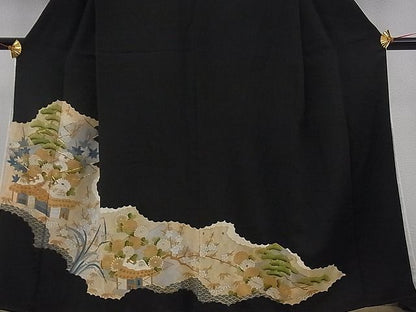 平和屋着物■豪華黒留袖　駒刺繍　御所解松菊文　金彩　逸品　n-mz3718