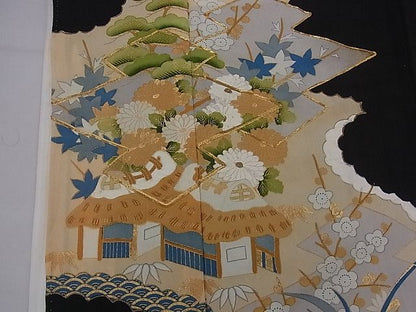平和屋着物■豪華黒留袖　駒刺繍　御所解松菊文　金彩　逸品　n-mz3718