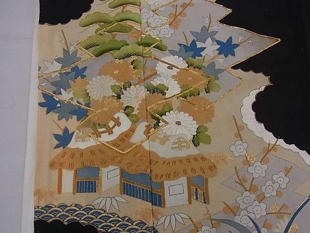 平和屋着物■豪華黒留袖　駒刺繍　御所解松菊文　金彩　逸品　n-mz3718