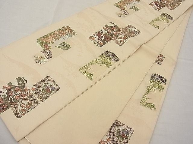平和屋着物■六通柄袋帯 唐織 遠山飛鶴短冊人物文 逸品 n-ab0857