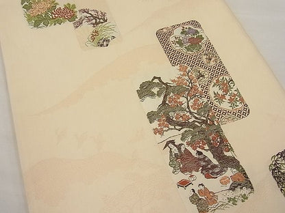 平和屋着物■六通柄袋帯 唐織 遠山飛鶴短冊人物文 逸品 n-ab0857