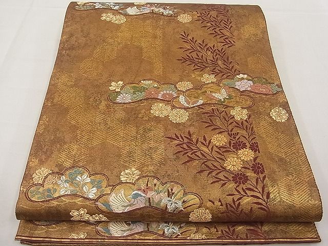平和屋着物■六通柄袋帯 唐織 鴛鴦花蝶松文 金銀糸 逸品 n-ab0859