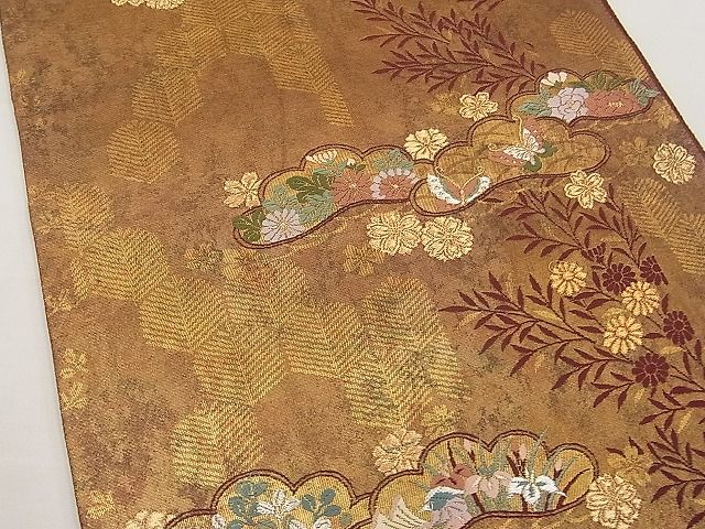 平和屋着物■六通柄袋帯 唐織 鴛鴦花蝶松文 金銀糸 逸品 n-ab0859