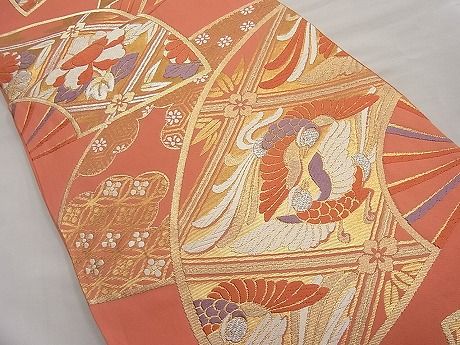 平和屋着物■六通柄袋帯 唐織 向い鳳凰扇面吉祥花文 金糸 逸品 n-ar2777