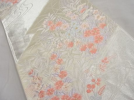 平和屋着物■六通柄袋帯 唐織 流水秋草文 銀糸 逸品 n-ar2797