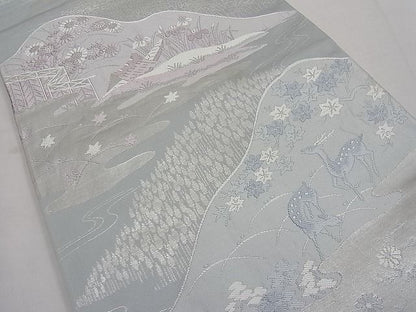 平和屋着物■六通柄袋帯 唐織 御所解 鹿に紅葉 銀糸 逸品 n-ar2967