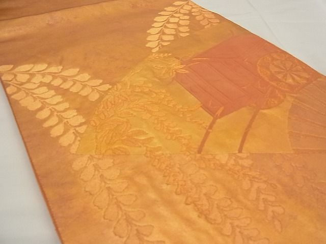 平和屋着物■r六通太鼓柄袋帯 ふくれ織 扇面御所車文 金糸 逸品 n-ea0364