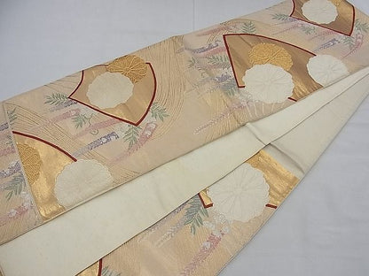 平和屋着物■六通柄袋帯 唐織 扇面菊花文 金銀糸 逸品 n-ea0402