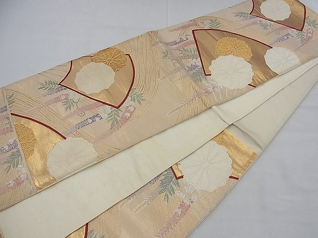 平和屋着物■六通柄袋帯 唐織 扇面菊花文 金銀糸 逸品 n-ea0402