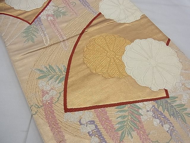 平和屋着物■六通柄袋帯 唐織 扇面菊花文 金銀糸 逸品 n-ea0402