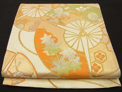 平和屋着物■六通柄袋帯 唐織 扇面吉祥花文 金糸 逸品 n-fn0917
