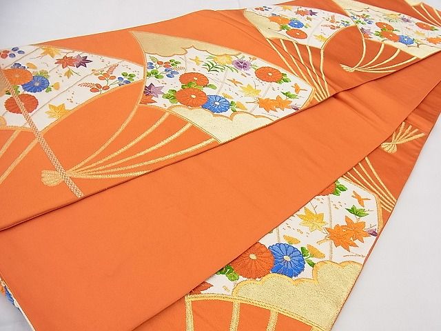 平和屋着物■六通柄袋帯 唐織 扇面菊花鳥文 金糸 鈴乃屋扱い 逸品 n-gt2623